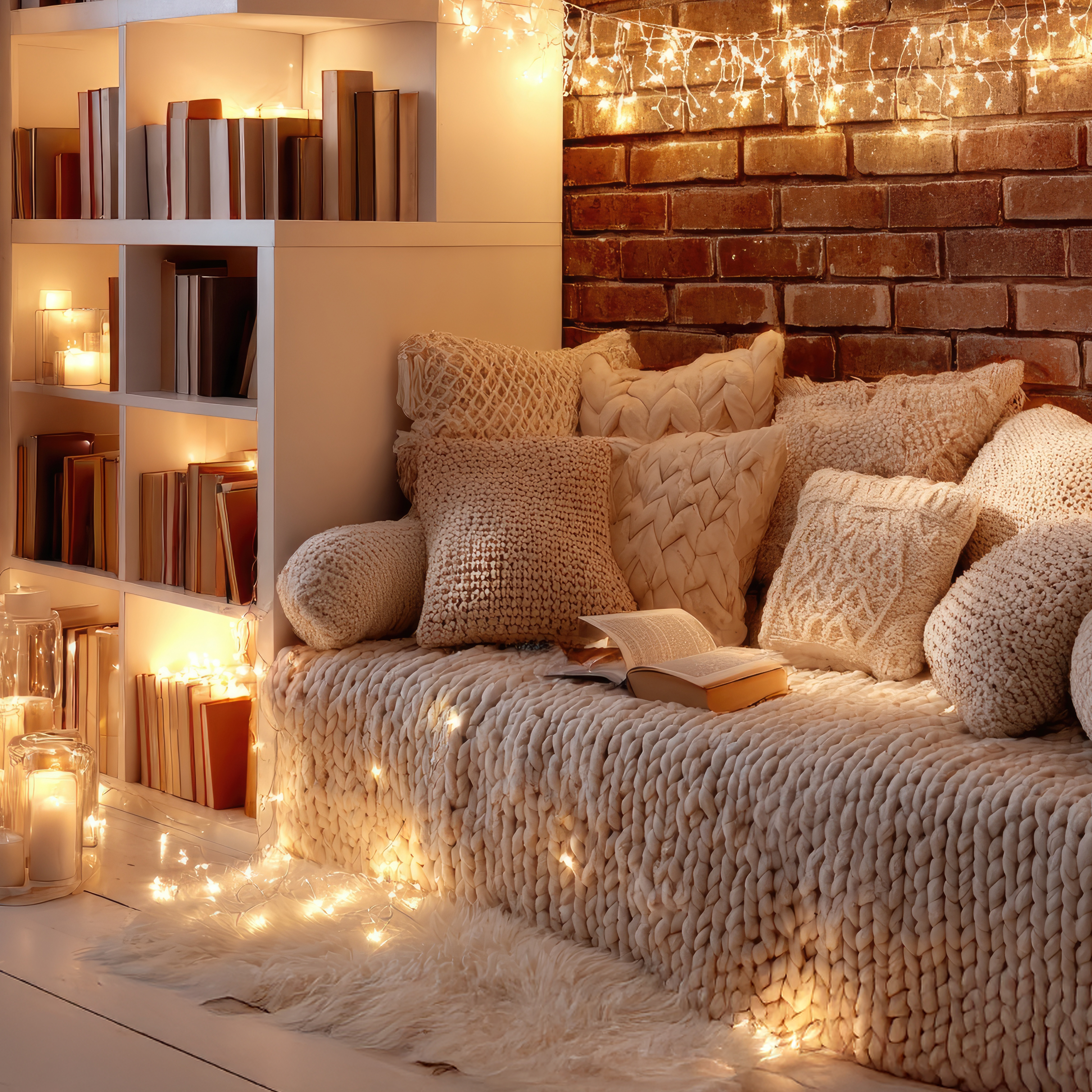 Cozy lamp-lit corner with a journal and a warm blanket